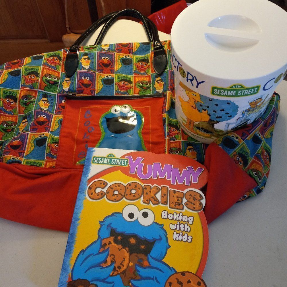 Vintage Sesame Street Cookie Jar, Tote bag and Cook Book